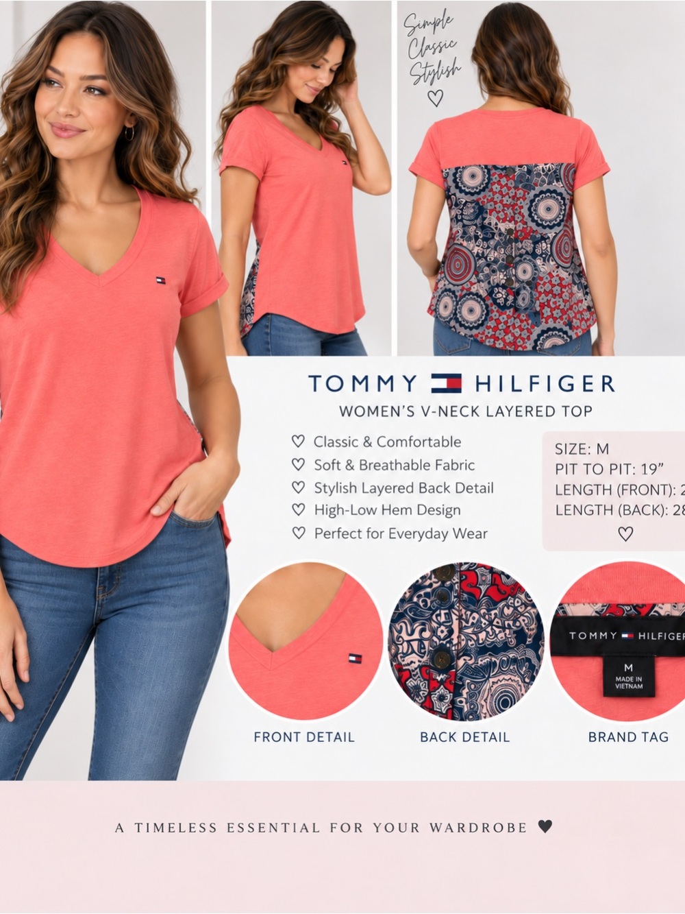 Tommy Hilfiger Coral V-Neck High-Low Layered Back Top Size M PTP19